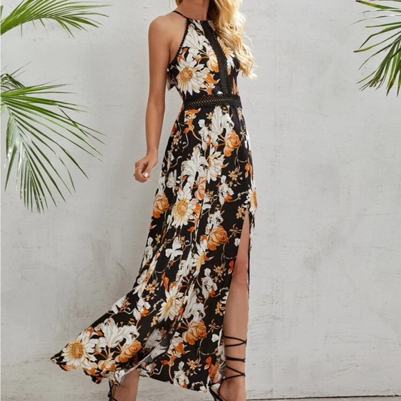 Boho Floral Print Criss Cross Lace Maxi Crochet Dress Cottagecore - Picture 3 of 9